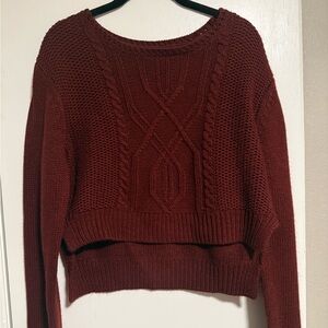 Women's Cable Knit Sweater Cropped Front- Burgundy